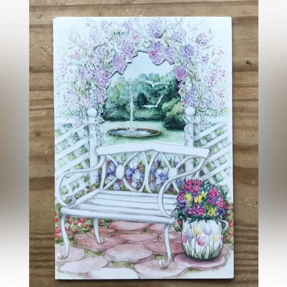 Vintage Olympicard Get Well Card Floral Garden Gate Fountain Cottage Core